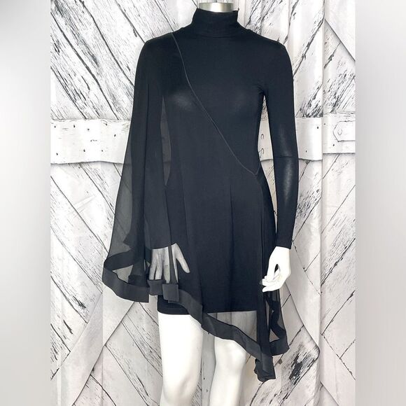 Analili black asymmetrical style long sleeved dress with sheer silk overlay XS - Picture 1 of 7